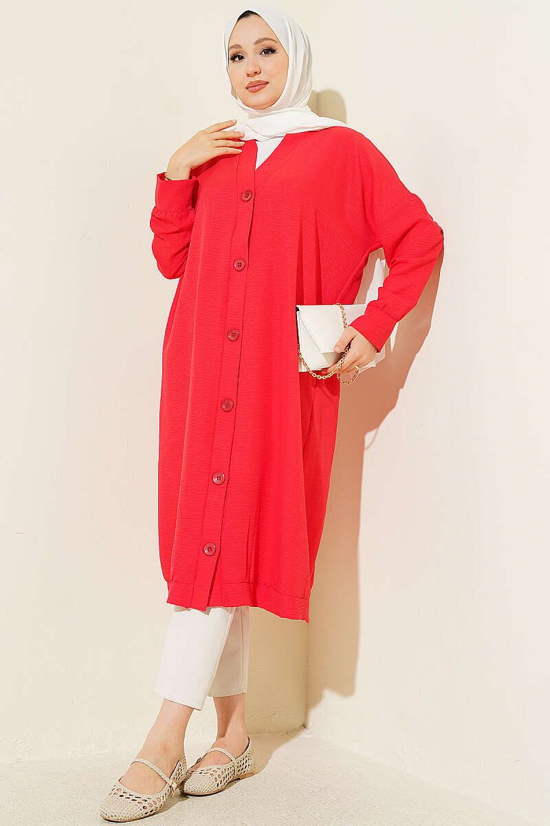 Front-Buttoned Long Cardigan in French Terry Red