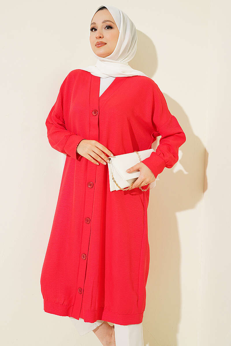 Front-Buttoned Long Cardigan in French Terry Red - immagine 2