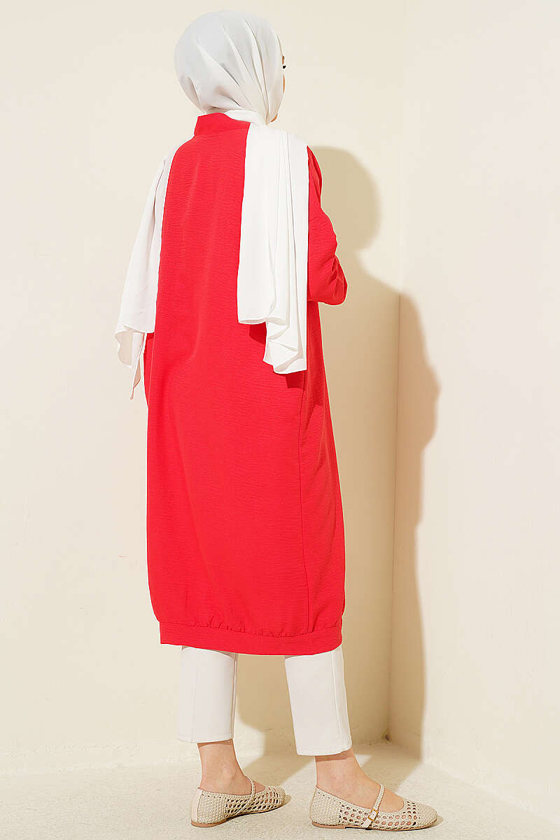 Front-Buttoned Long Cardigan in French Terry Red - immagine 3