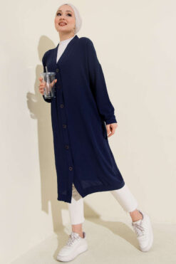 Alternative view of Front-Buttoned Long Cardigan in French Terry Navy Blue