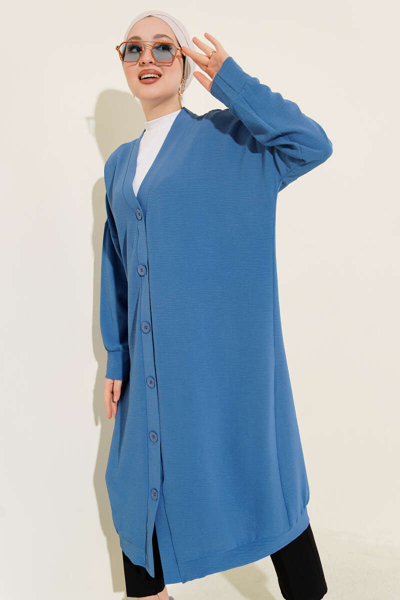 Front-Buttoned Long Cardigan in French Terry Blue