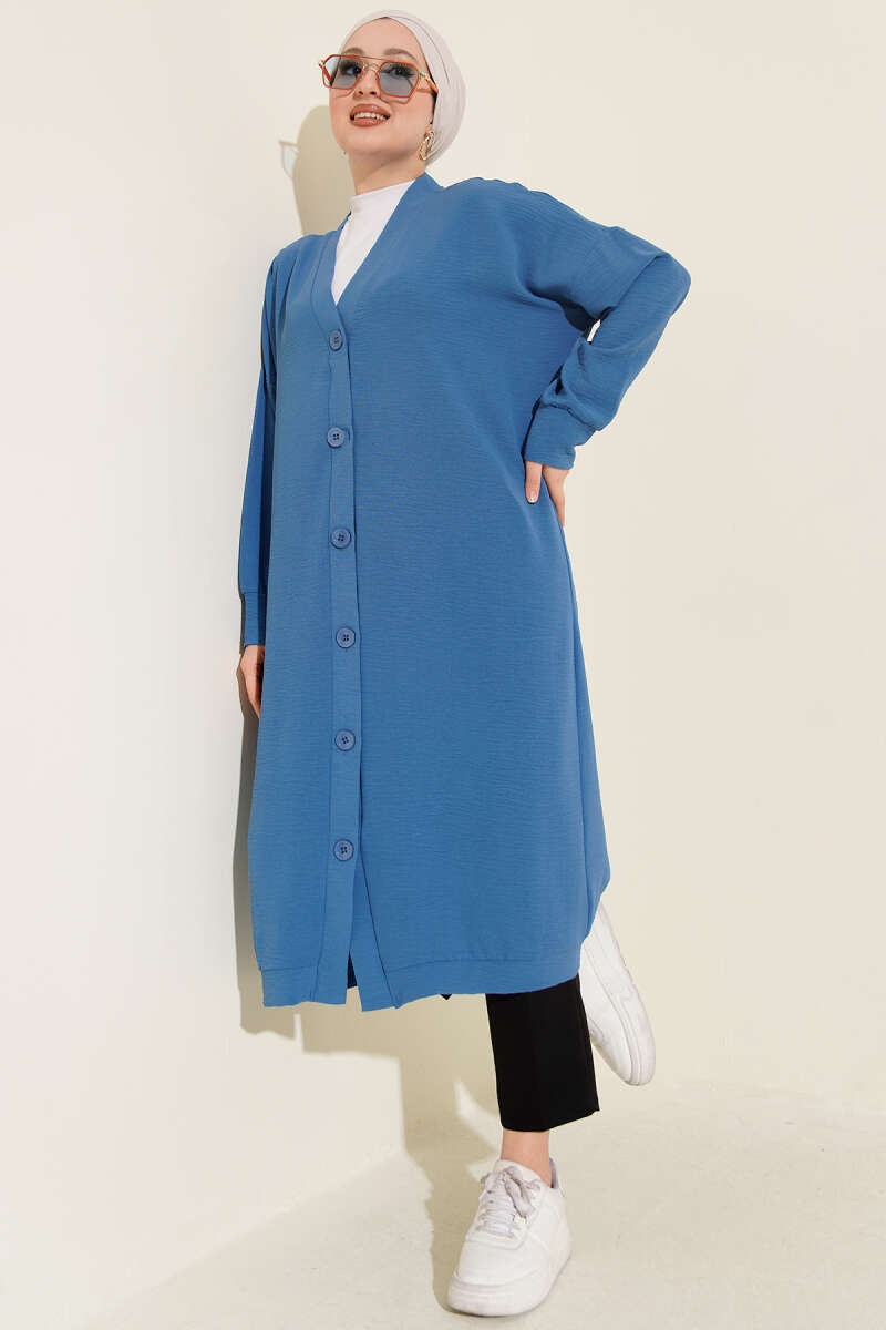 Front-Buttoned Long Cardigan in French Terry Blue - immagine 2