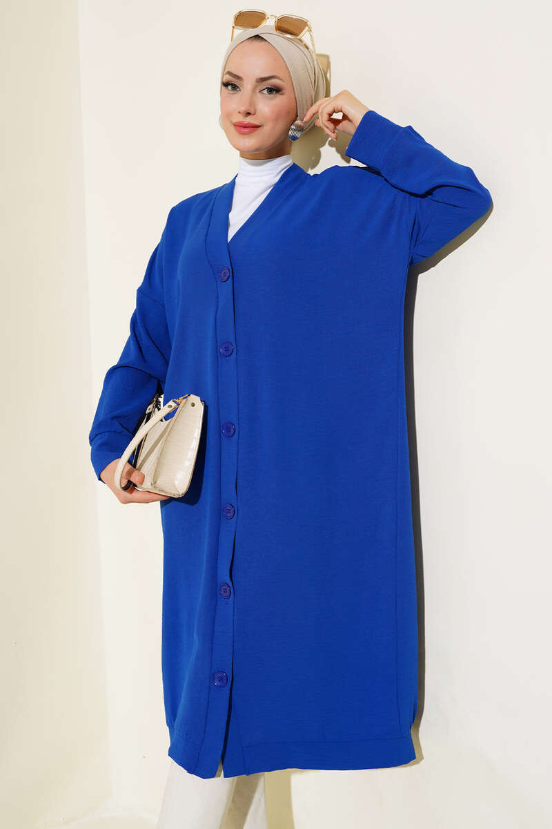Front-Buttoned Long Cardigan in French Terry Saxon Blue