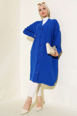 Alternative view of Front-Buttoned Long Cardigan in French Terry Saxon Blue