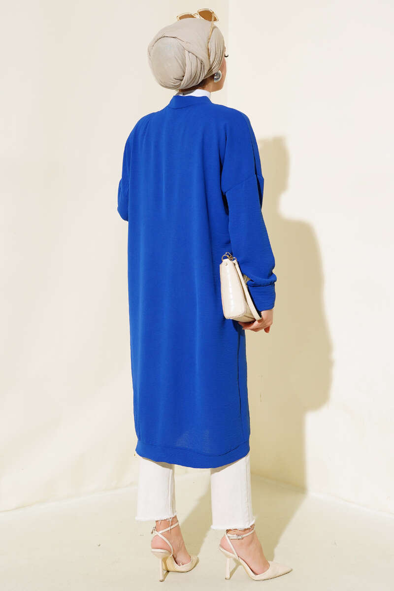 Front-Buttoned Long Cardigan in French Terry Saxon Blue - Imagen 3