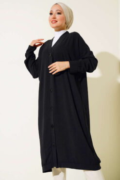 Alternative view of Front-Buttoned Long Cardigan in French Terry Black