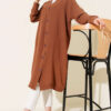 Front-Buttoned Long Cardigan in French Terry Tan