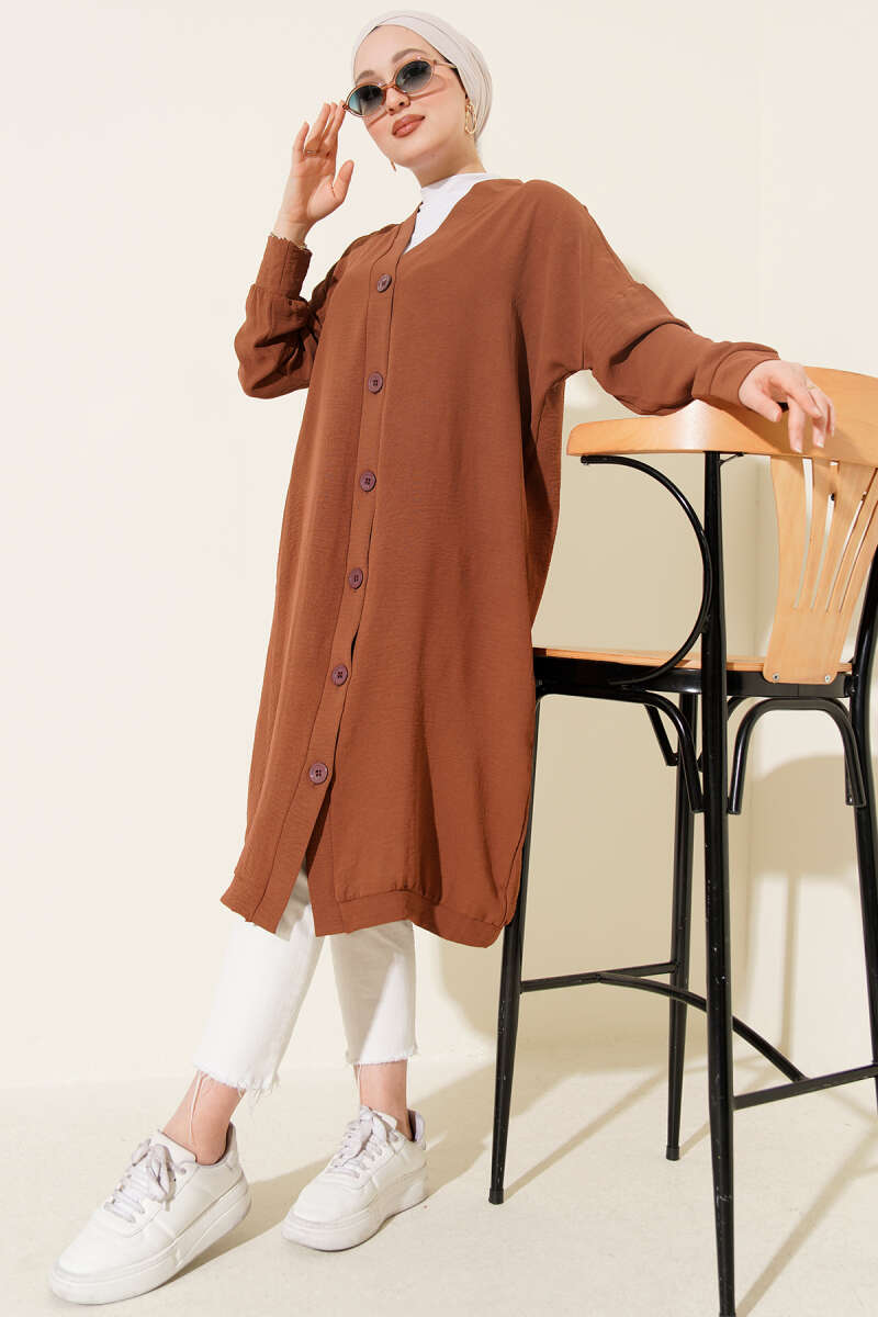 Front-Buttoned Long Cardigan in French Terry Tan