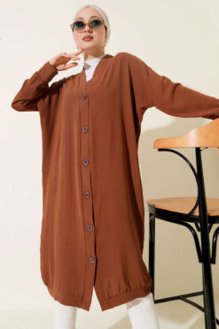Alternative view of Front-Buttoned Long Cardigan in French Terry Tan