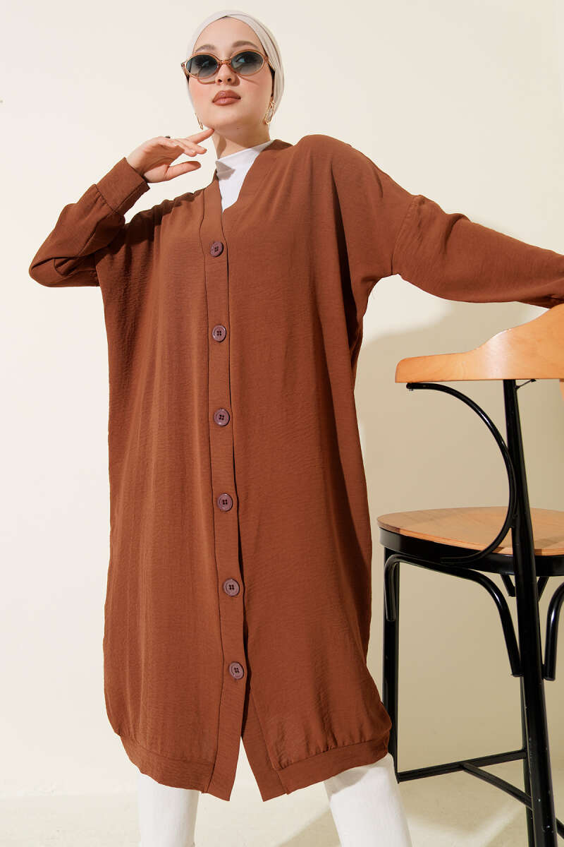 Front-Buttoned Long Cardigan in French Terry Tan - Imagen 2