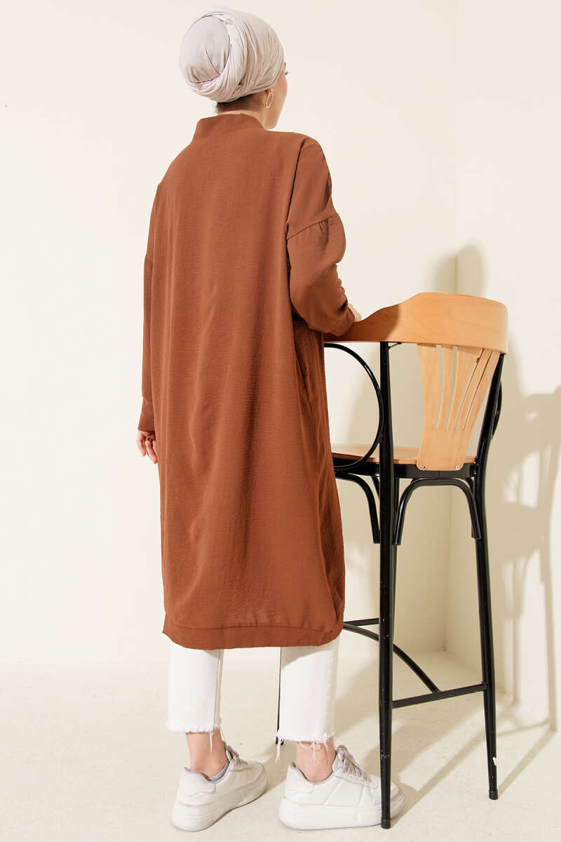 Front-Buttoned Long Cardigan in French Terry Tan - Imagen 3