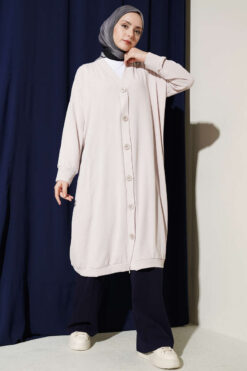 Alternative view of Front-Buttoned Long Cardigan in French Terry Stone