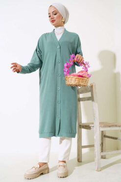 Alternative view of Front-Buttoned Long Cardigan in French Terry Turquoise