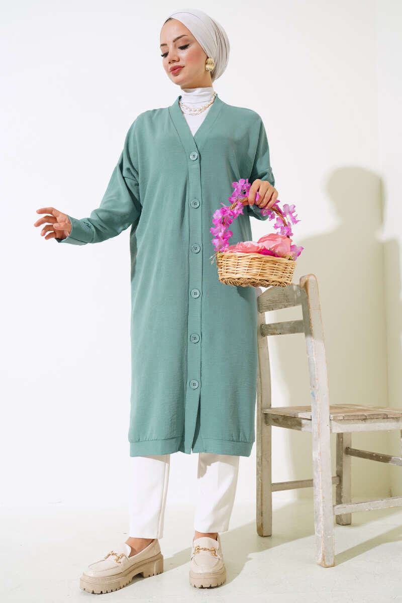 Front-Buttoned Long Cardigan in French Terry Turquoise - immagine 2