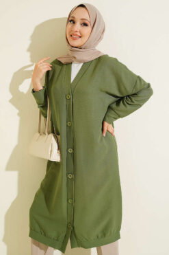 Alternative view of Front-Buttoned Long Cardigan in French Terry Green