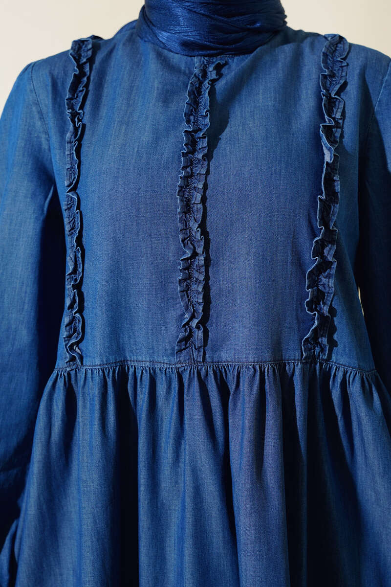 Ruffled Front Denim Dress Denim - immagine 4