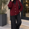 Knitted Patterned Buttoned Cardigan Burgundy - Image 2