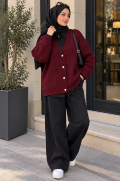 Alternative view of Knitted Patterned Buttoned Cardigan Burgundy