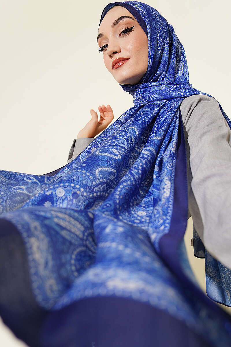 Vintage Patterned Printed Shawl Navy Blue