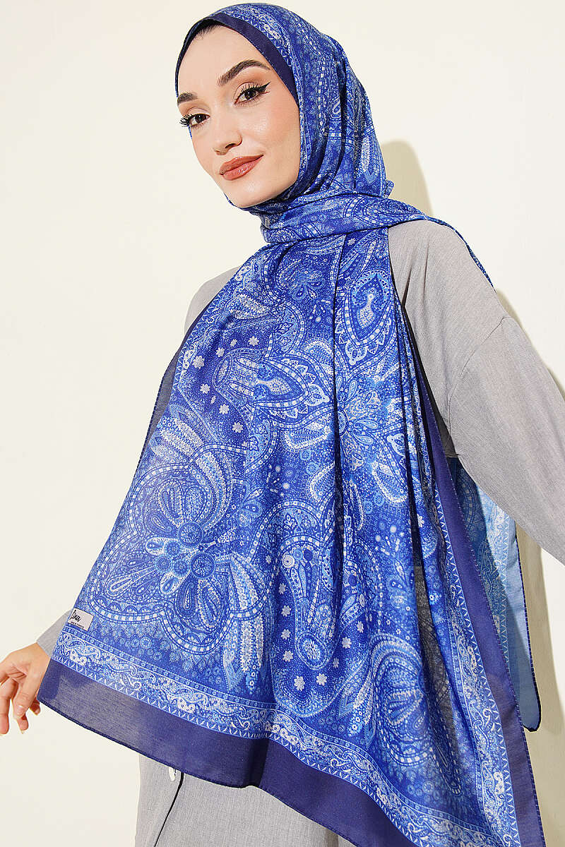 Vintage Patterned Printed Shawl Navy Blue - Imagen 2