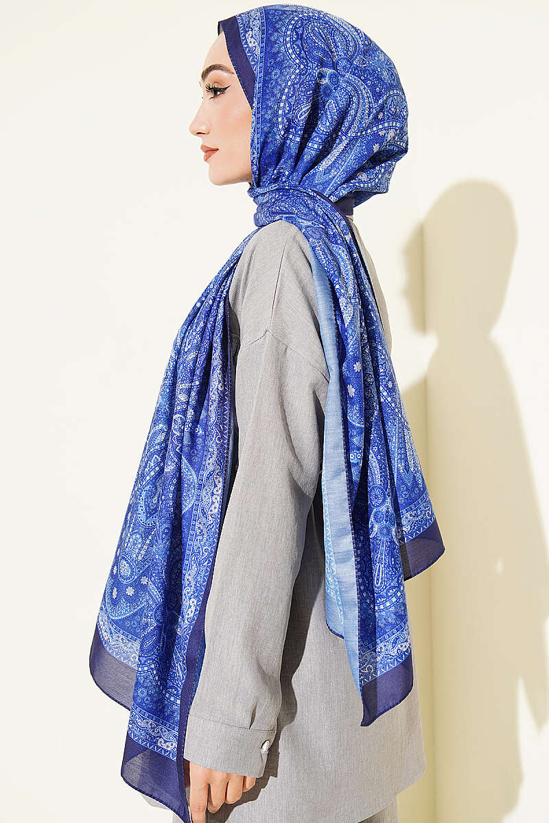 Vintage Patterned Printed Shawl Navy Blue - Imagen 3