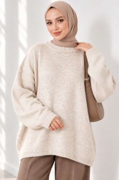 Oversized Low-Shoulder Knit Tunic Beige