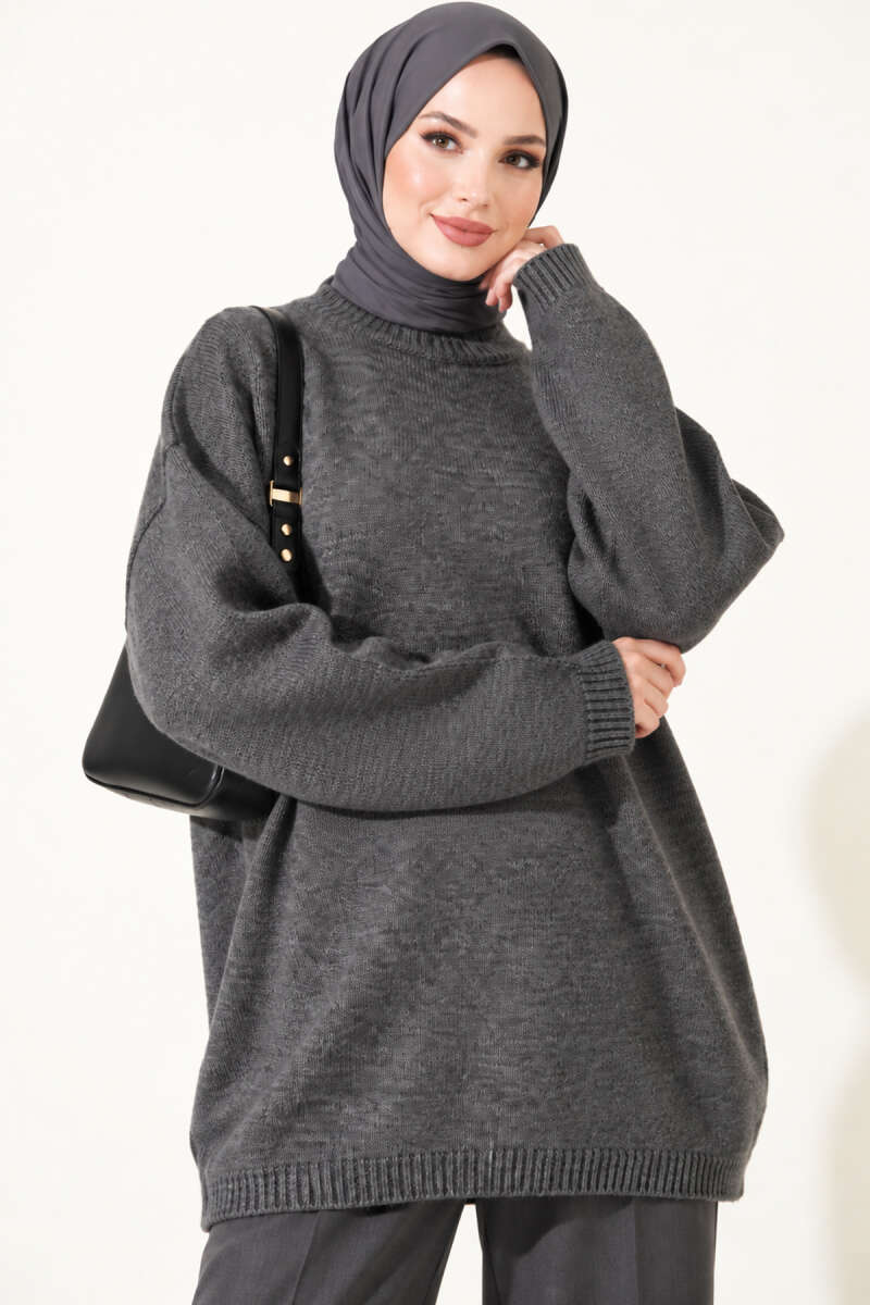 Oversized Low-Shoulder Knit Tunic Smoke - immagine 2