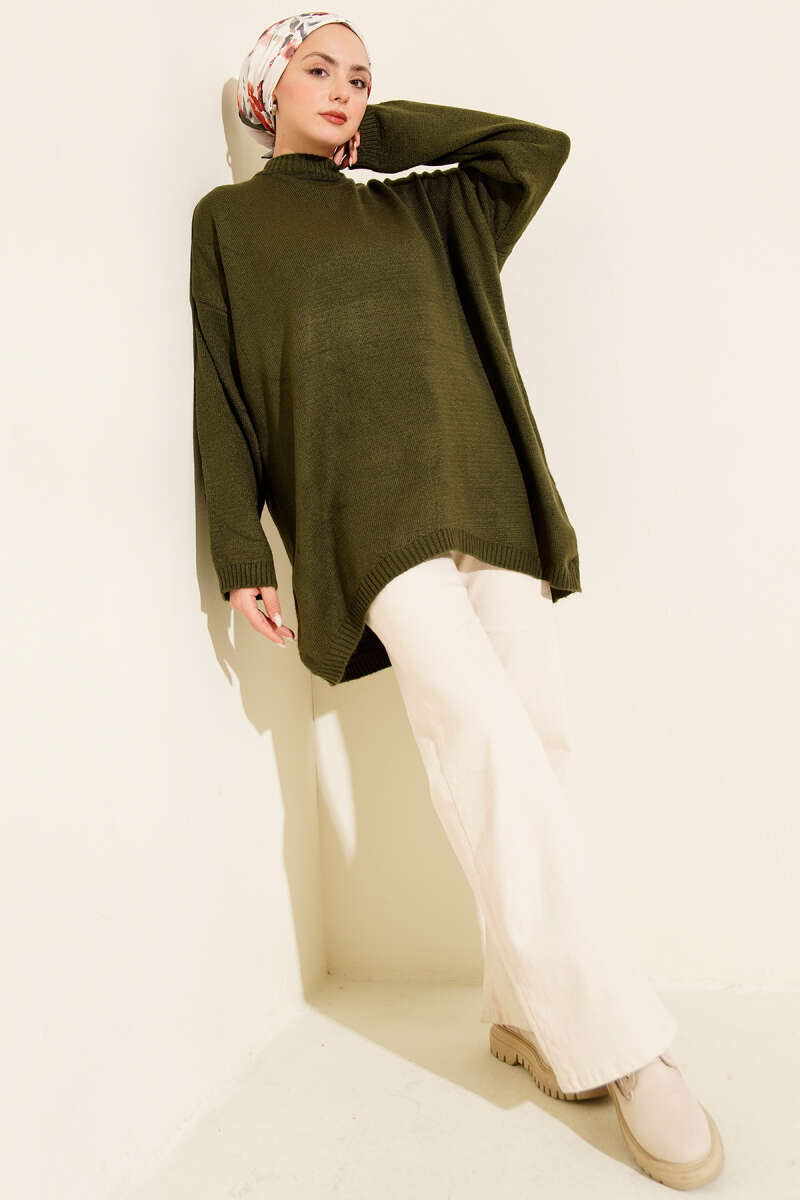 Oversized Low-Shoulder Knit Tunic Khaki - immagine 2