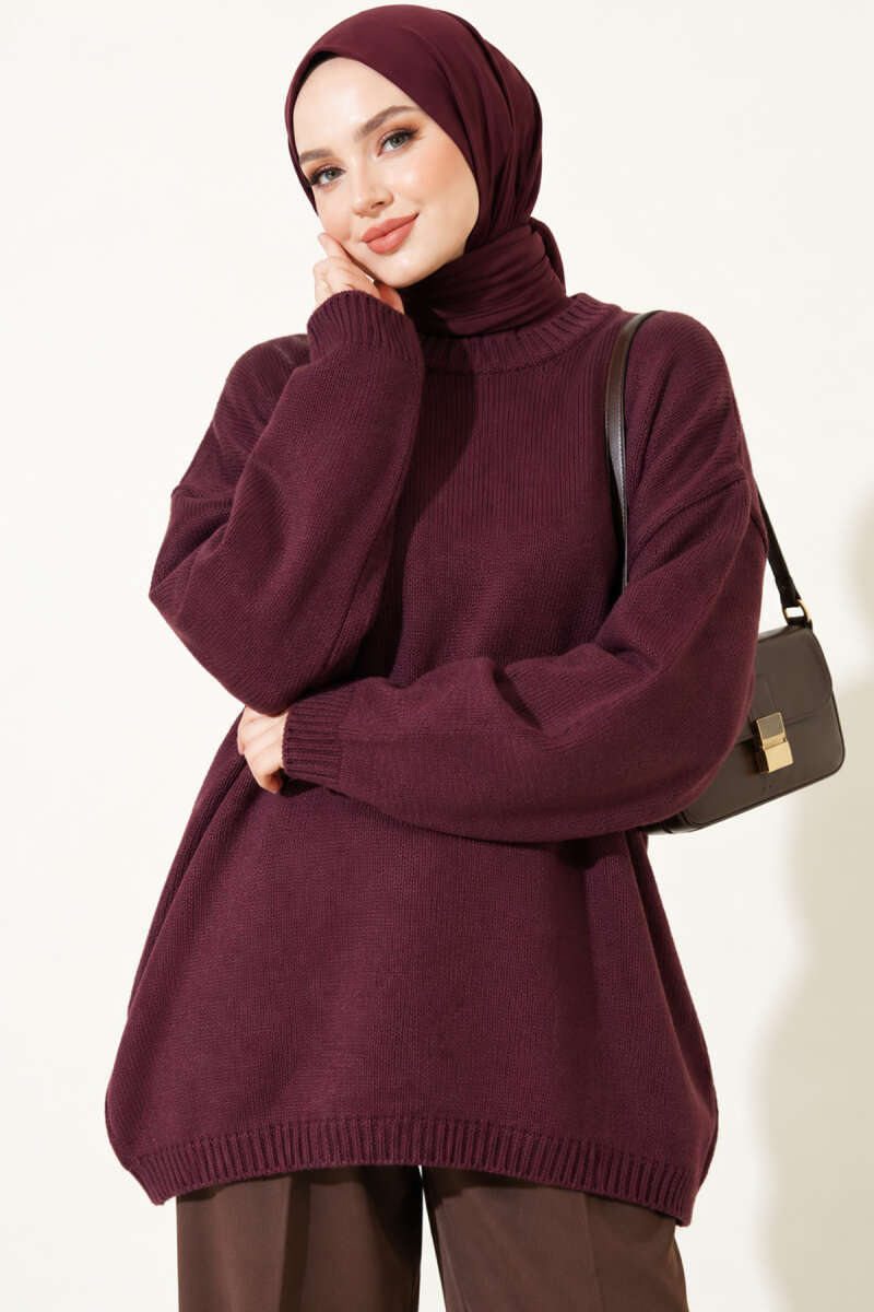 Oversized Low-Shoulder Knit Tunic Plum