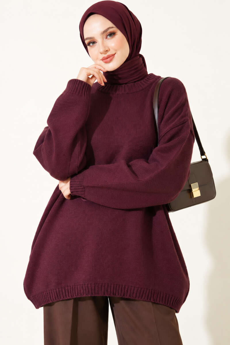 Oversized Low-Shoulder Knit Tunic Plum - immagine 2