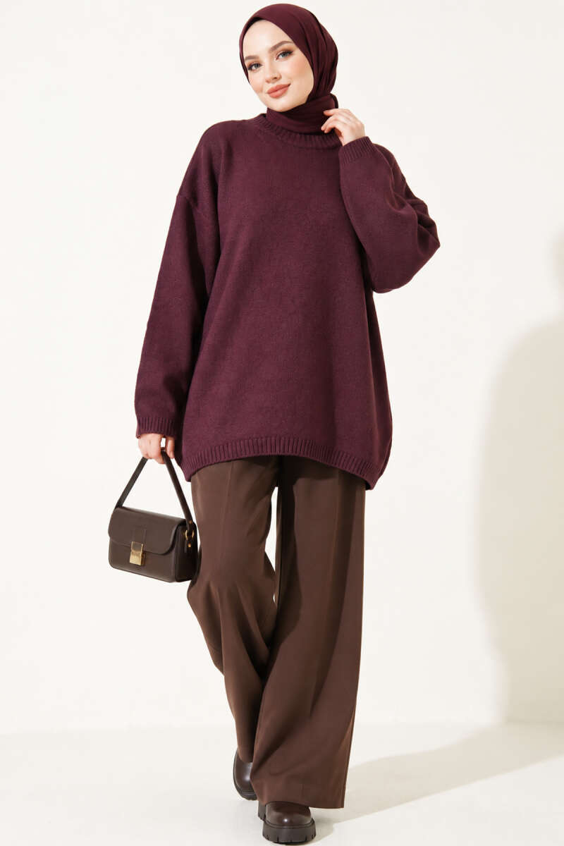Oversized Low-Shoulder Knit Tunic Plum - immagine 3