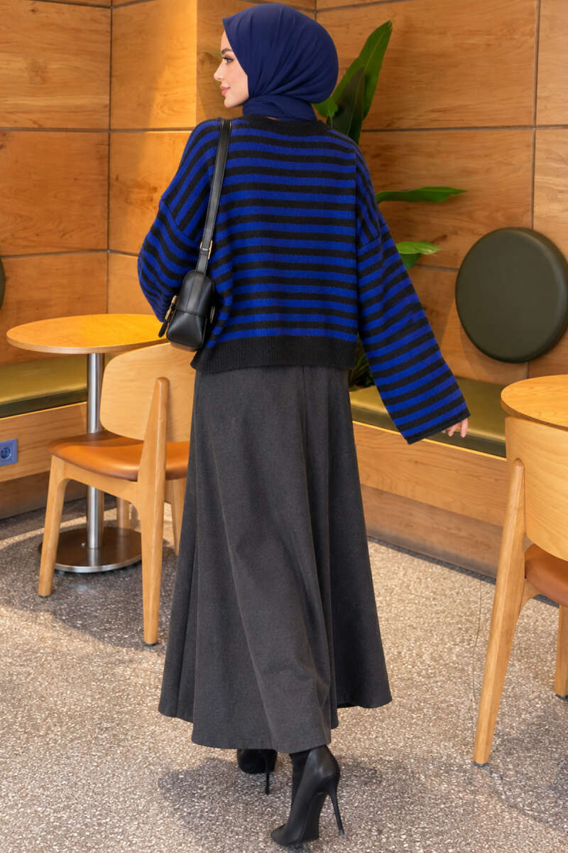 Oversized Fine Striped Knit Sweater Anthracite - الصورة 4