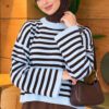 Oversized Fine Striped Knit Sweater Baby Blue