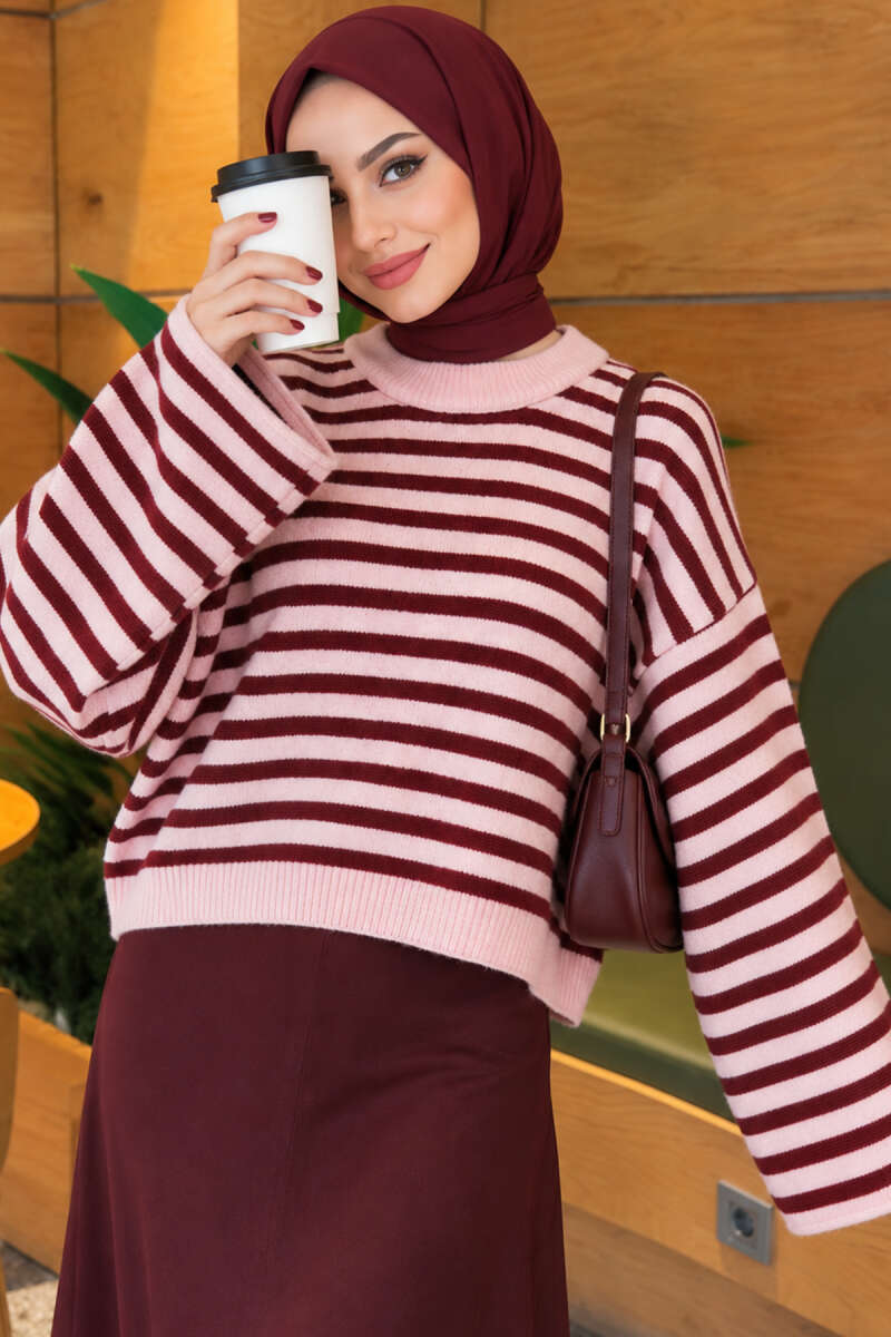 Oversized Fine Striped Knit Sweater Burgundy