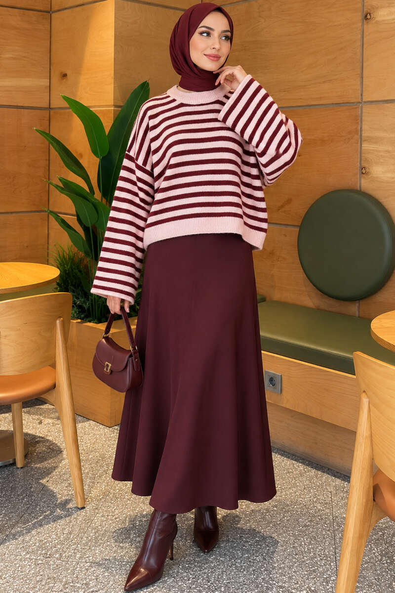 Oversized Fine Striped Knit Sweater Burgundy - الصورة 2