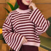 Oversized Fine Striped Knit Sweater Burgundy - الصورة 3