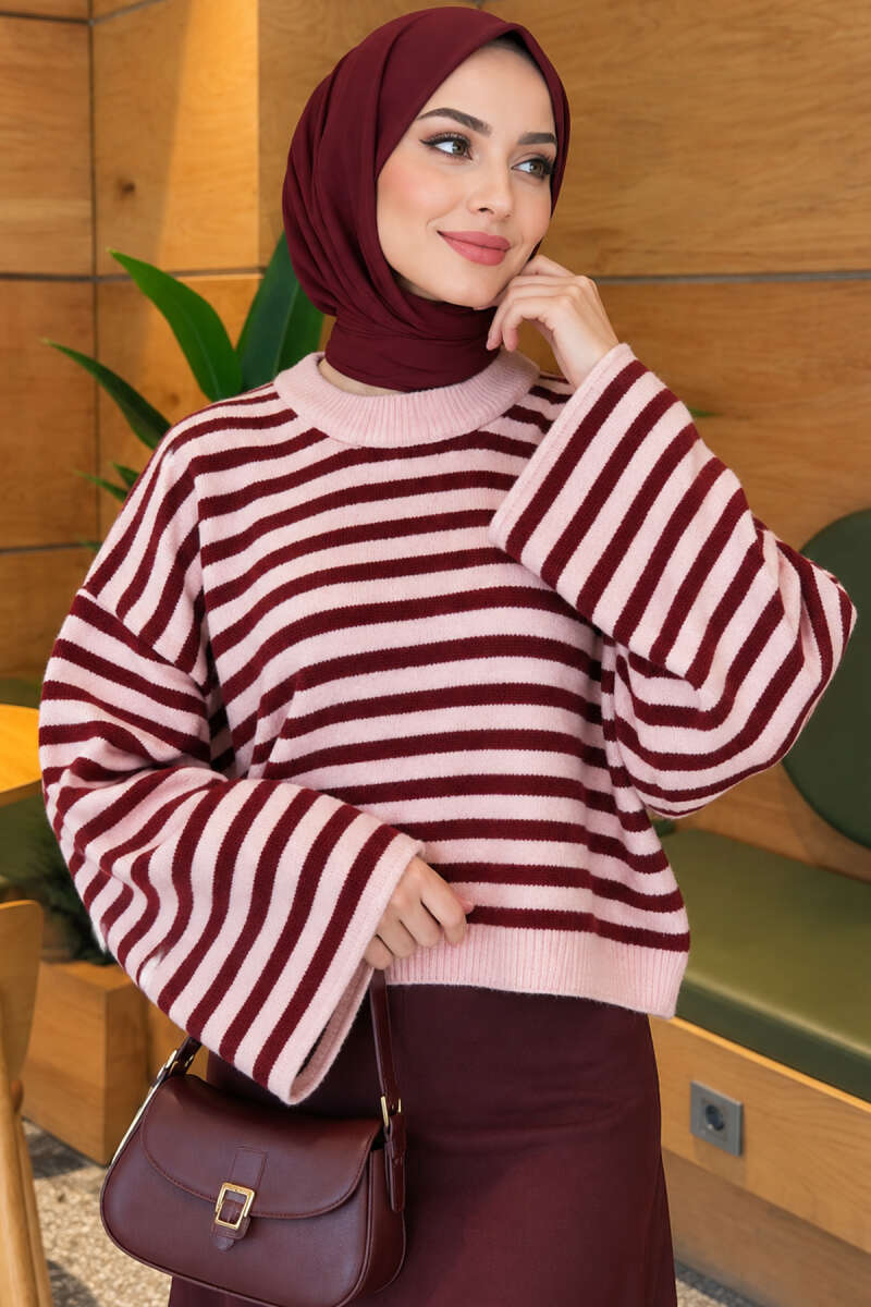 Oversized Fine Striped Knit Sweater Burgundy - الصورة 3