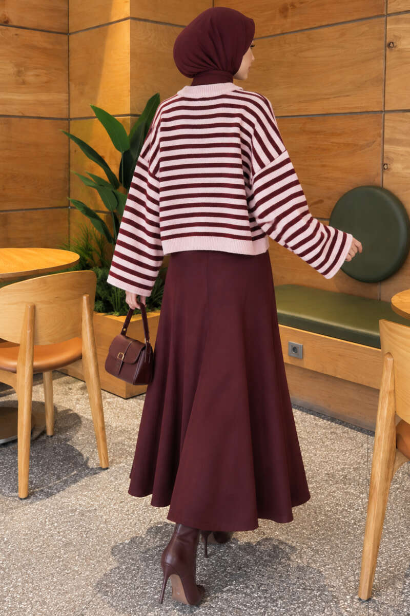 Oversized Fine Striped Knit Sweater Burgundy - الصورة 4