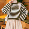 Oversized Fine Striped Knit Sweater Khaki - Image 4