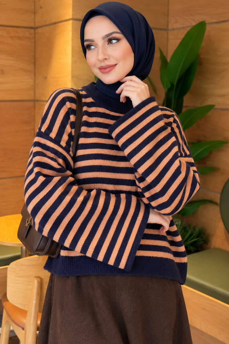 Oversized Fine Striped Knit Sweater Navy Blue – Bild 3