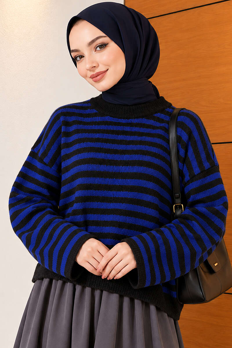 Oversized Fine Striped Knit Sweater Saxon Blue