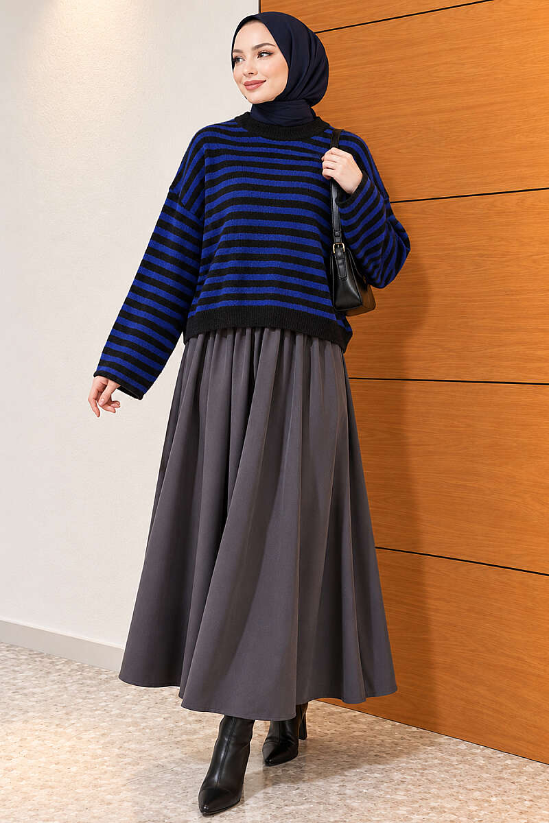 Oversized Fine Striped Knit Sweater Saxon Blue – Image 2