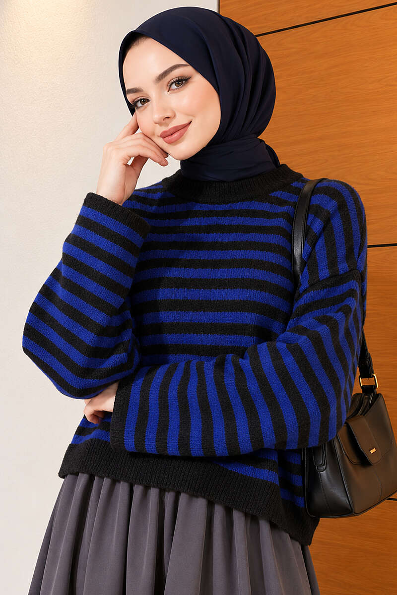 Oversized Fine Striped Knit Sweater Saxon Blue – Image 3