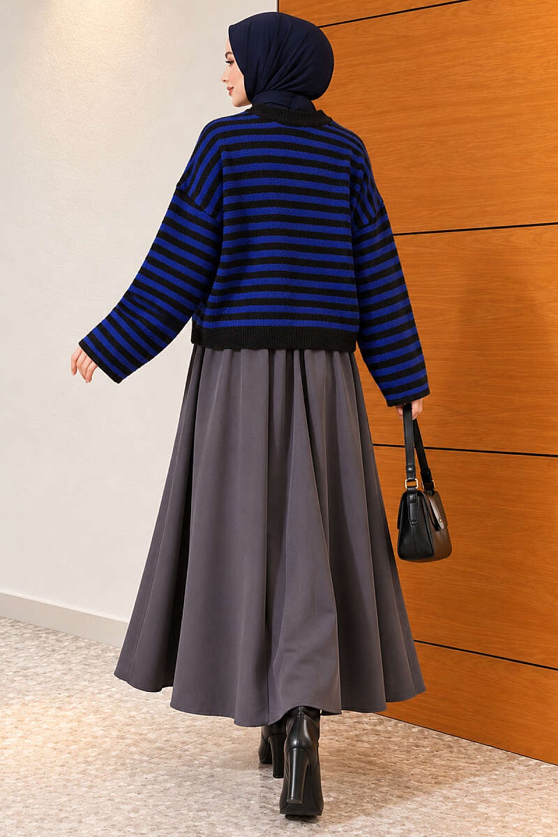 Oversized Fine Striped Knit Sweater Saxon Blue – Image 4