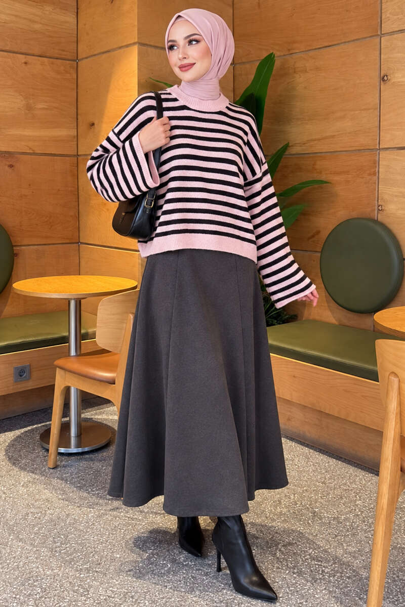 Oversized Fine Striped Knit Sweater Black - الصورة 2
