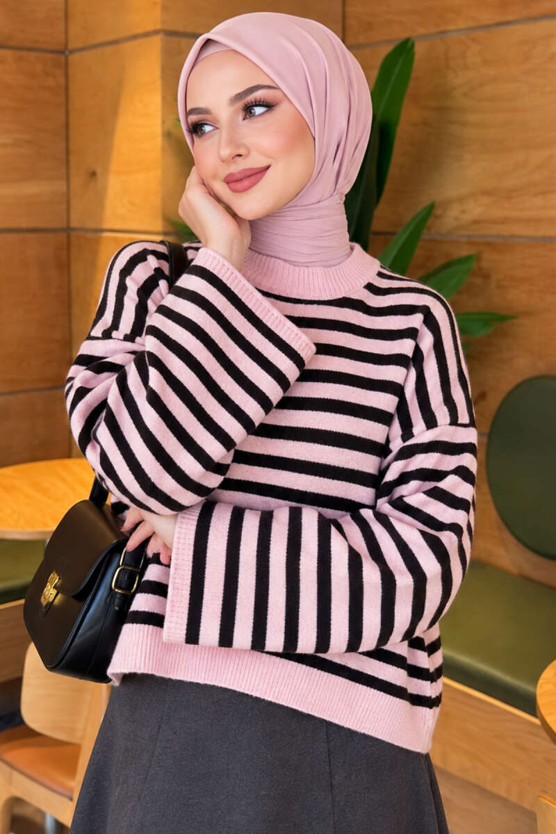 Oversized Fine Striped Knit Sweater Black - الصورة 3