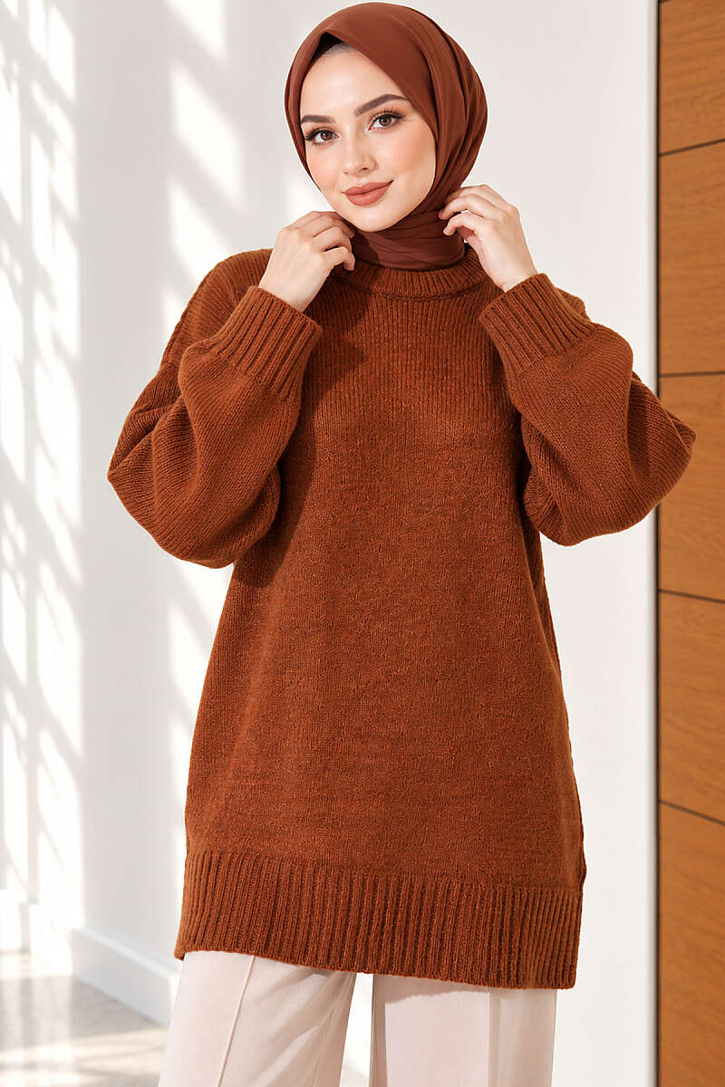 Oversized Ribbed Knit Tunic Caramel - immagine 3
