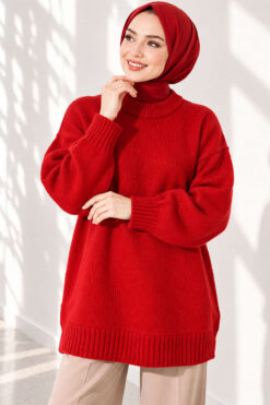 Oversized Ribbed Knit Tunic Red