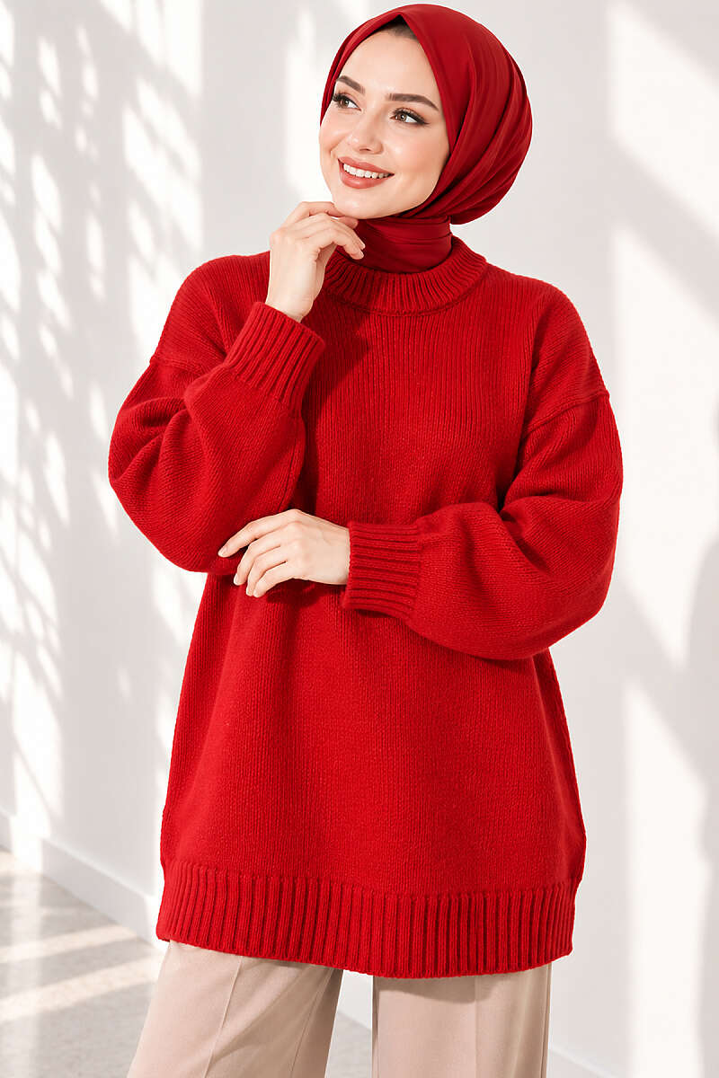 Oversized Ribbed Knit Tunic Red