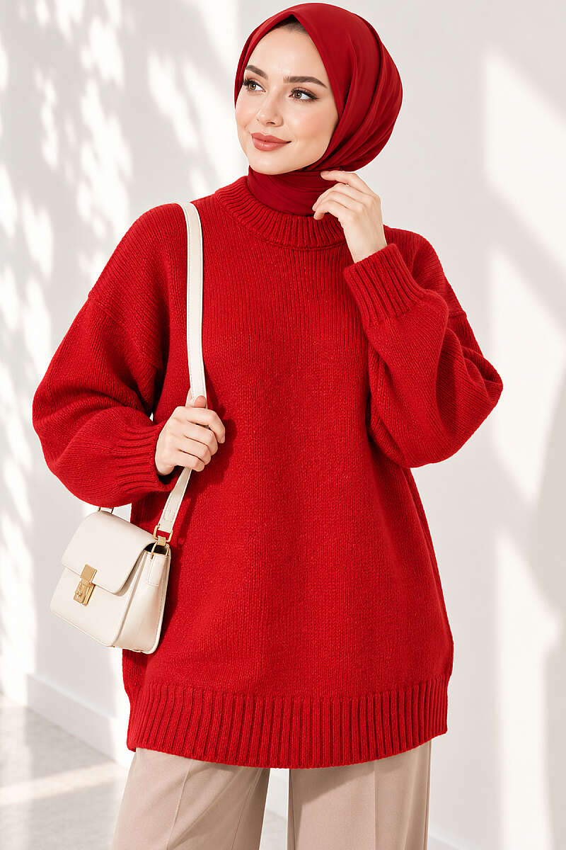 Oversized Ribbed Knit Tunic Red - immagine 3